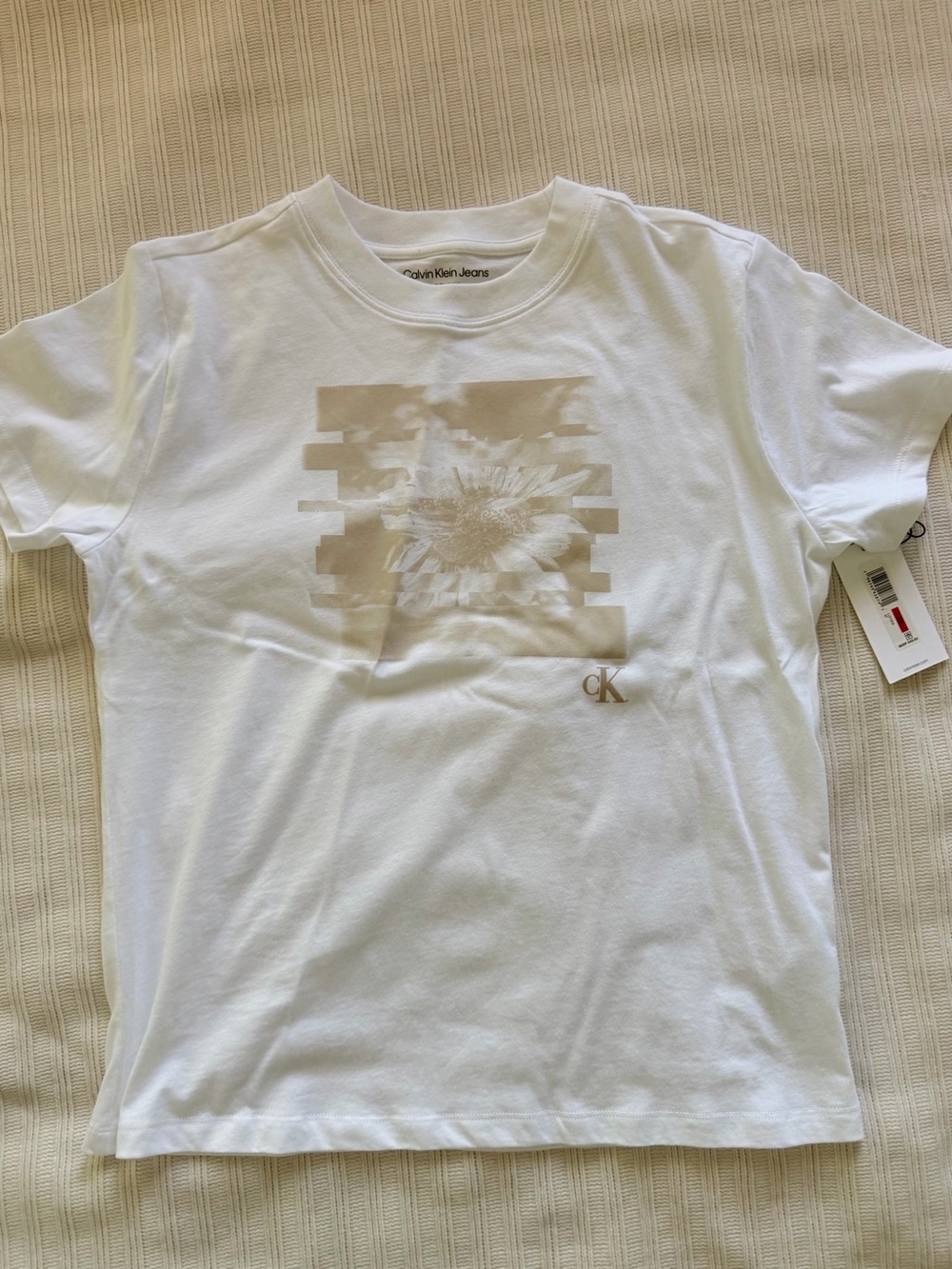 Calvin Klein Jeans White Tee with Beige Floral Graphic